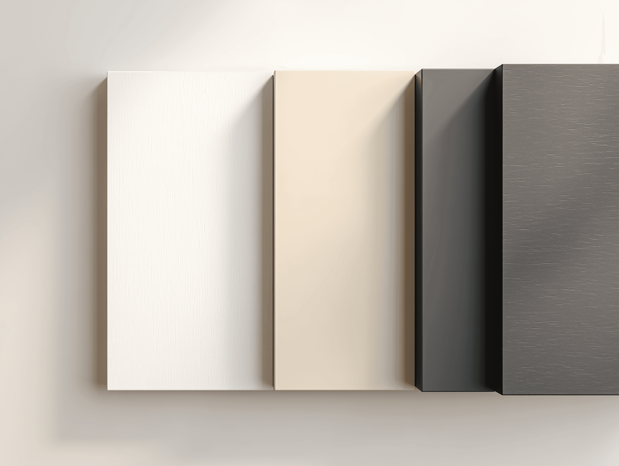 Four cabinet door samples displayed side by side in white, cream, dark grey, and brushed charcoal finishes