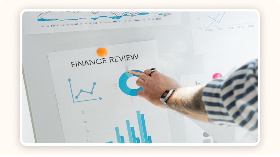 Hand pointing at a circular financial chart