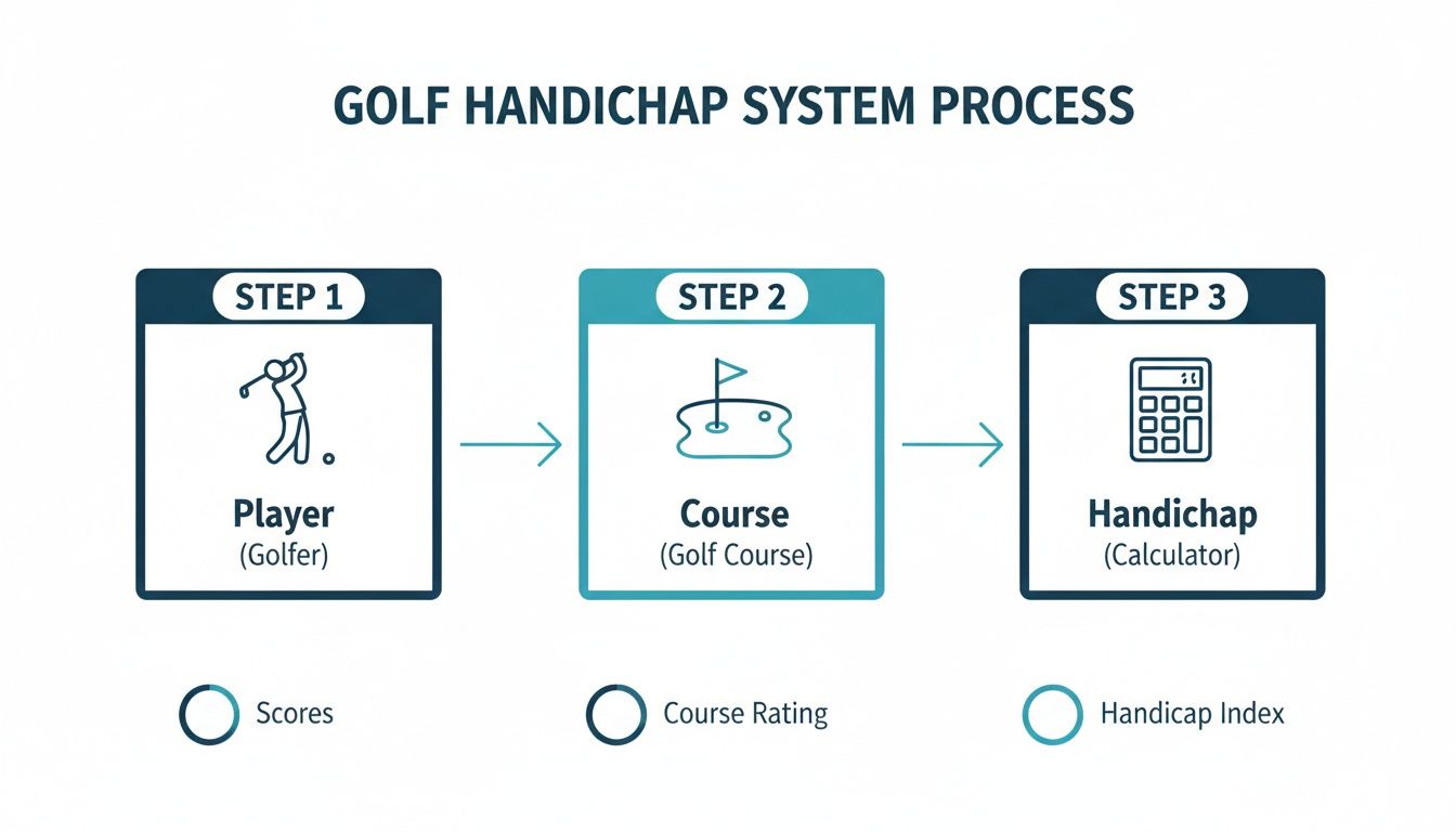 Diagram showing the Golf Handicap System process from player scores to handicap calculation.