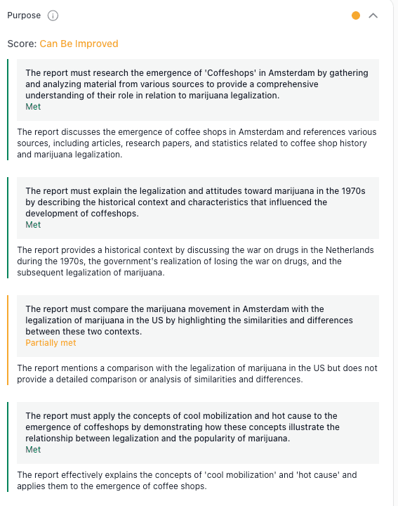 thesify Purpose feedback showing criteria for gathering material from various sources and applying concepts to a phenomenon.