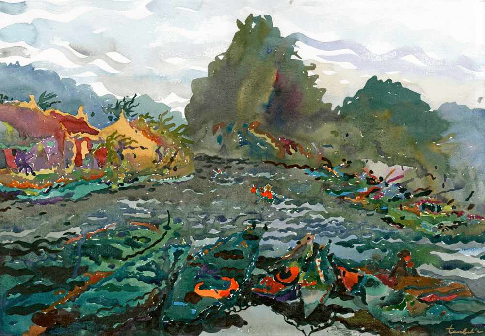 premium art poster and canvas prints, with originals available, from QART , of the artwork " The lake in Ninh Binh "