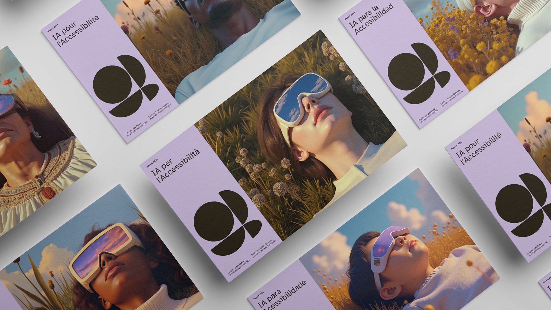 Mosaic of AI for Accessibility report by goodbase in  pastel covers and AI-generated portraits with futuristic eyewear.