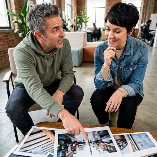 Équipe de créatifs en agence à Paris, collaborant autour d'un poste de travail pour concevoir et valider des logotypes et des éléments d'identité visuelle sur plusieurs écrans haute résolution, illustrant notre expertise en Création graphique 360° pour porter nos services en stratégie de marque et identité visuelle.