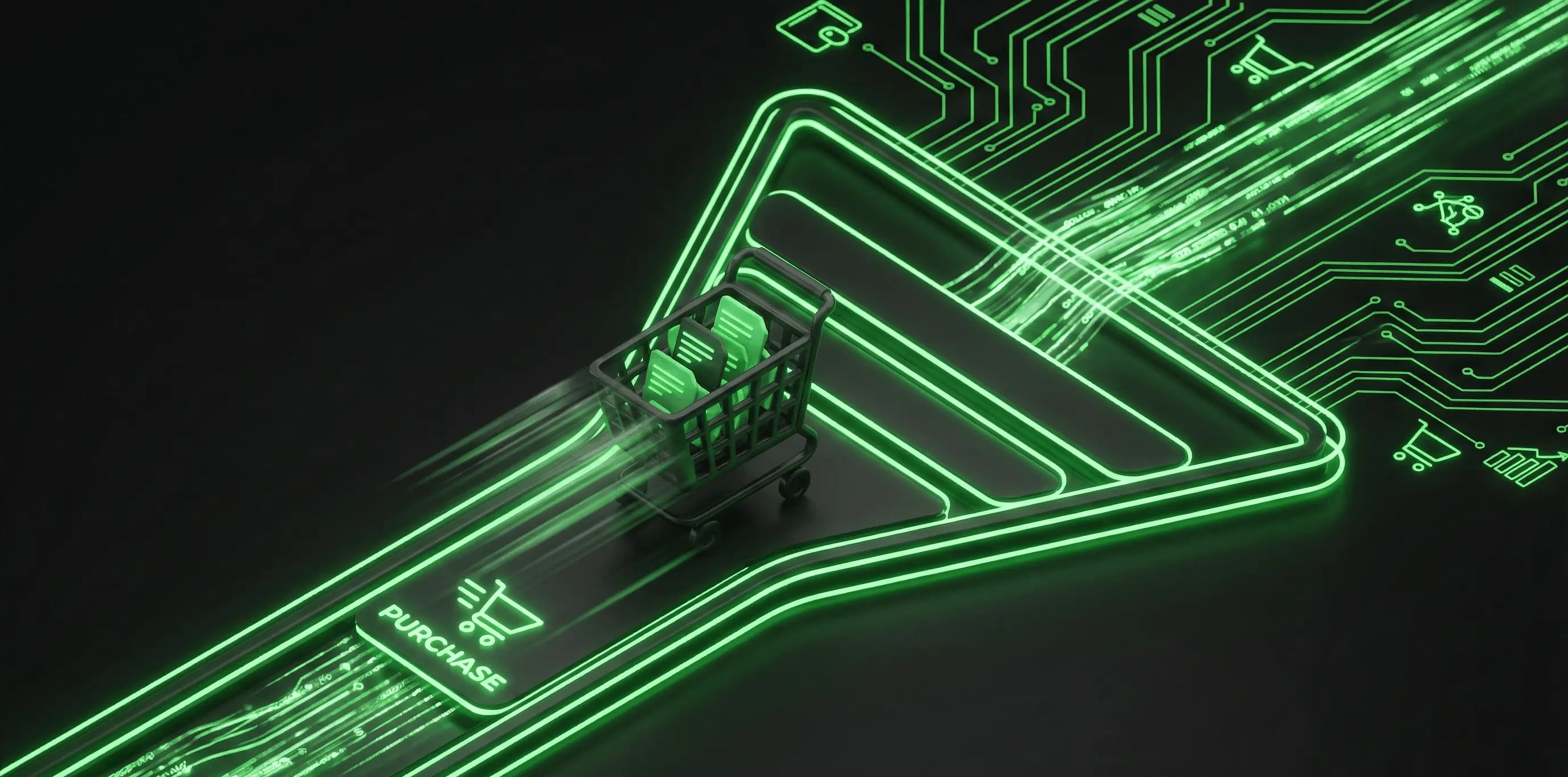 3D futuristic shopping cart concept illustrating high-velocity e-commerce sales funnels and conversion optimization.