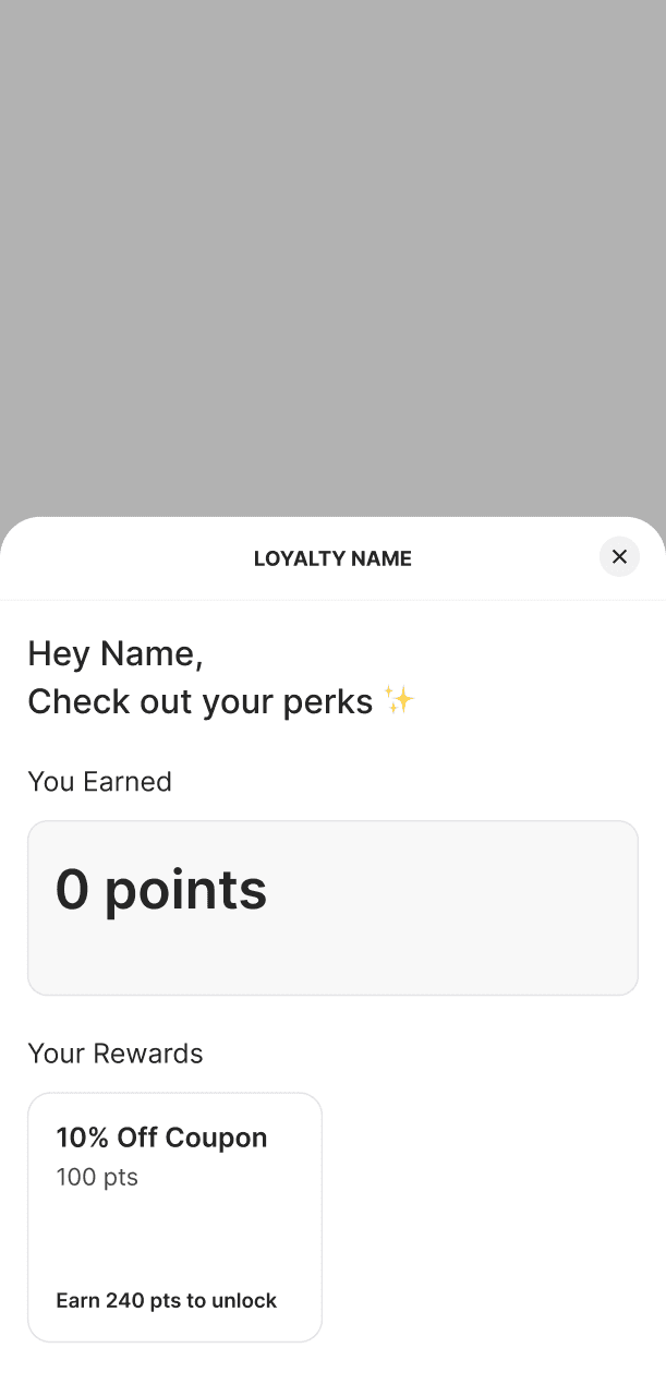 mobile UI for the Loyalty Widget showing the general widget state with 0 points