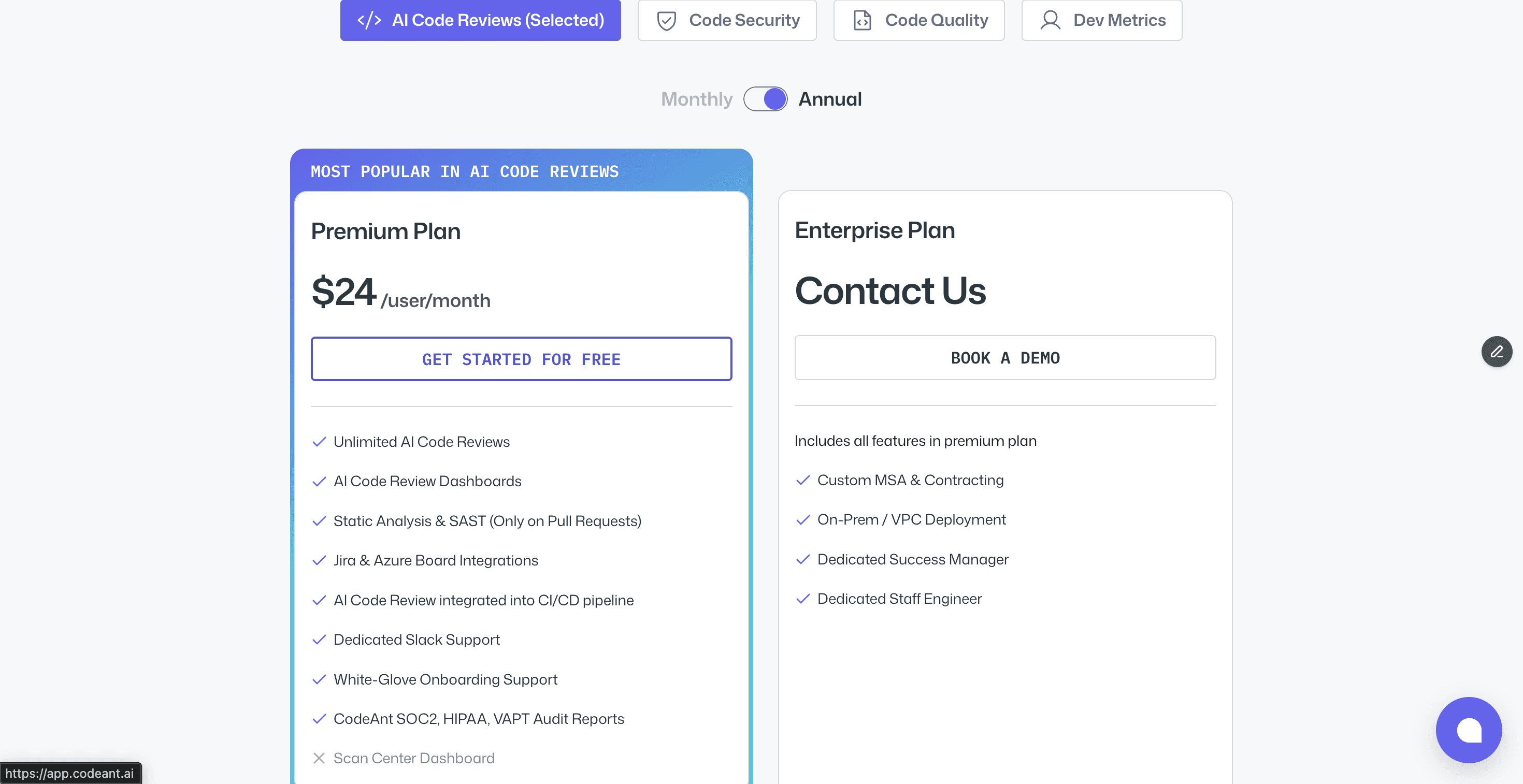 codeant.ai code reviews pricing page.