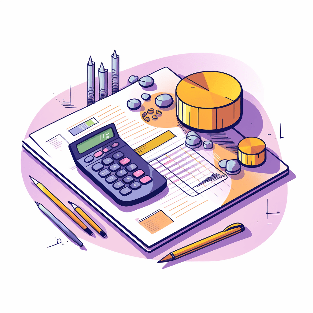 A colorful illustration of a calculator, pens, documents and some coins.