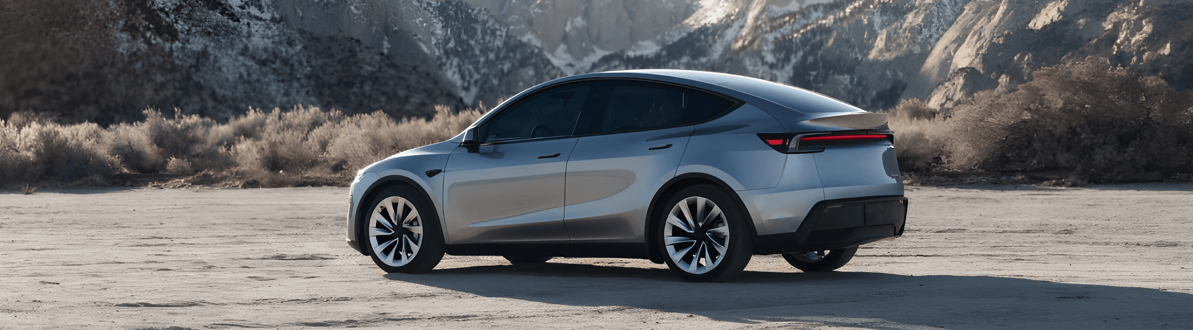 Tesla Model Y 2025 grise à l’arrêt, vue arrière trois quarts dans un décor de montagne