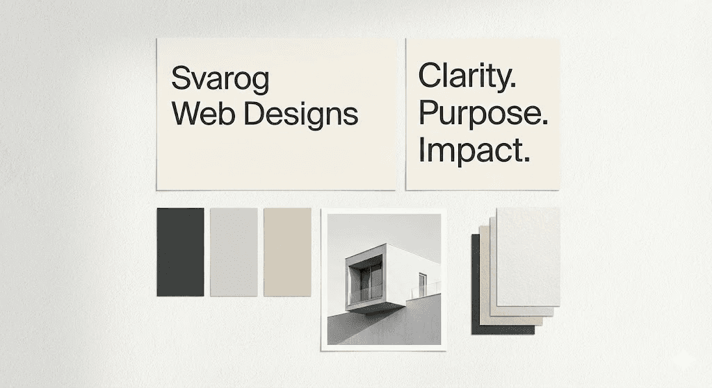 "Svarog Web Designs" with neutral color palette, grayscale building photo, and text "Clarity. Purpose.