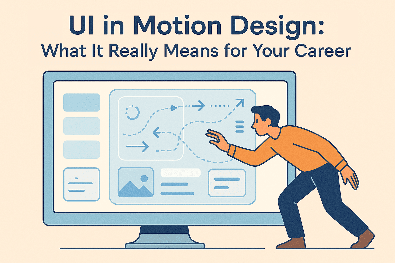 Flat-style illustration for a blog about UI in motion design, showing a motion designer creating UI animations and micro-interactions on a large app interface. The scene visualises how UI motion design skills can boost a motion designer’s career.