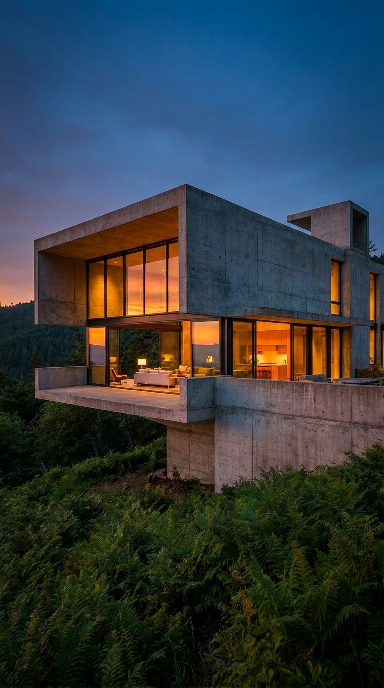 Exterior view of Casa Mirante at twilight, with warm interior light glowing through large glass windows against a deep blue sky and dark green foliage.