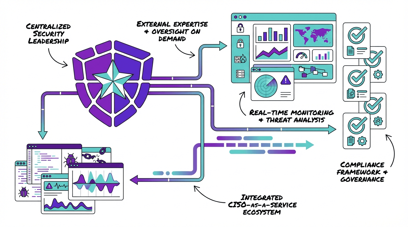 Flowchart illustrating a security system with a shield icon, featuring various components and processes related to security.