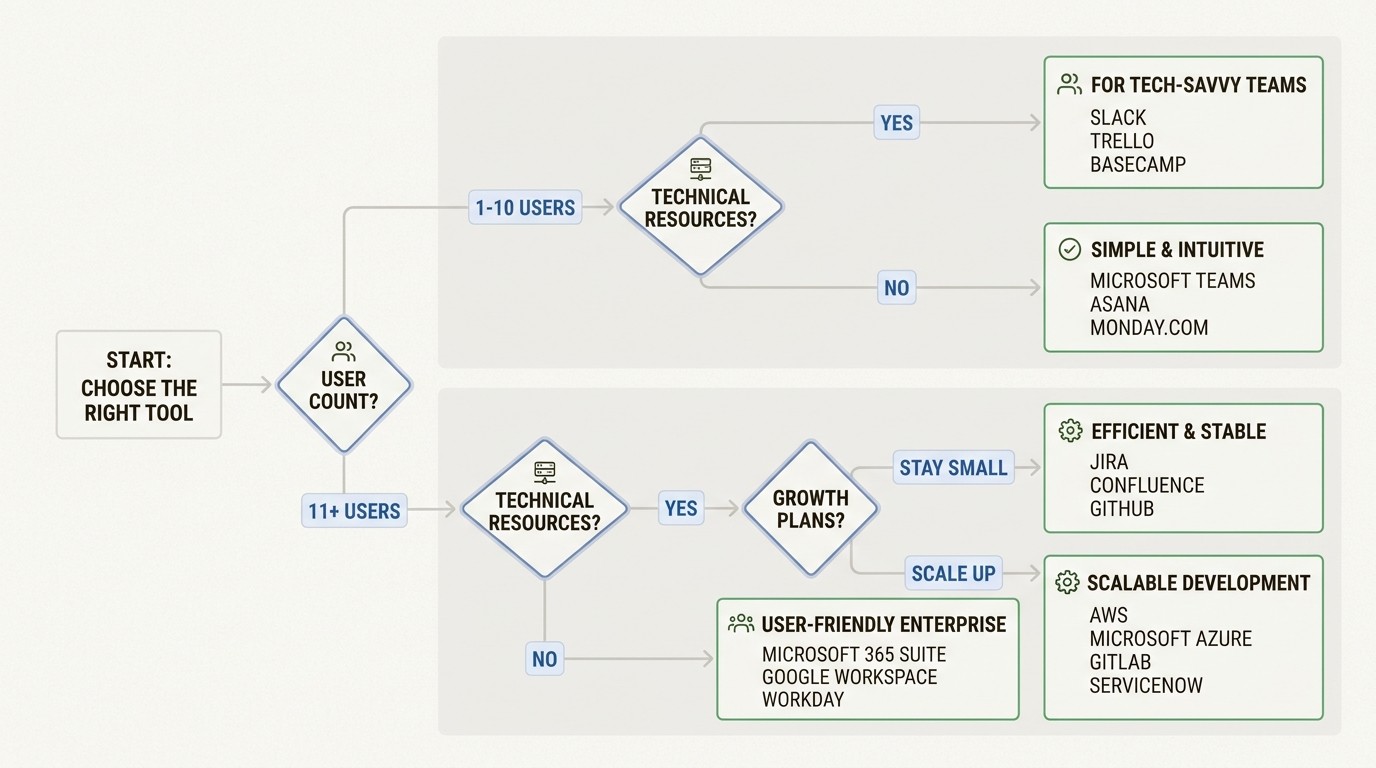 Decision tree for selecting asset management based on team size and technical resources.