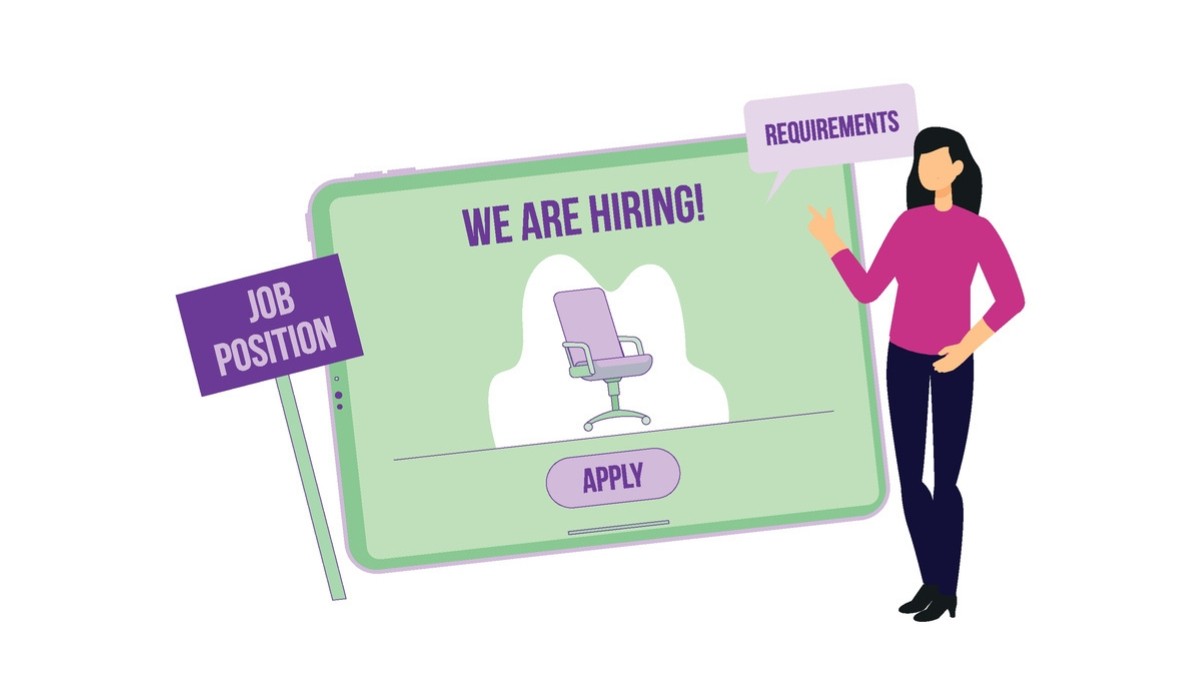 Illustration of a large tablet screen displaying “We Are Hiring!” above an office chair with an “Apply” button, surrounded by signs for job positions and requirements, representing where to post free job ads on hiring platforms.