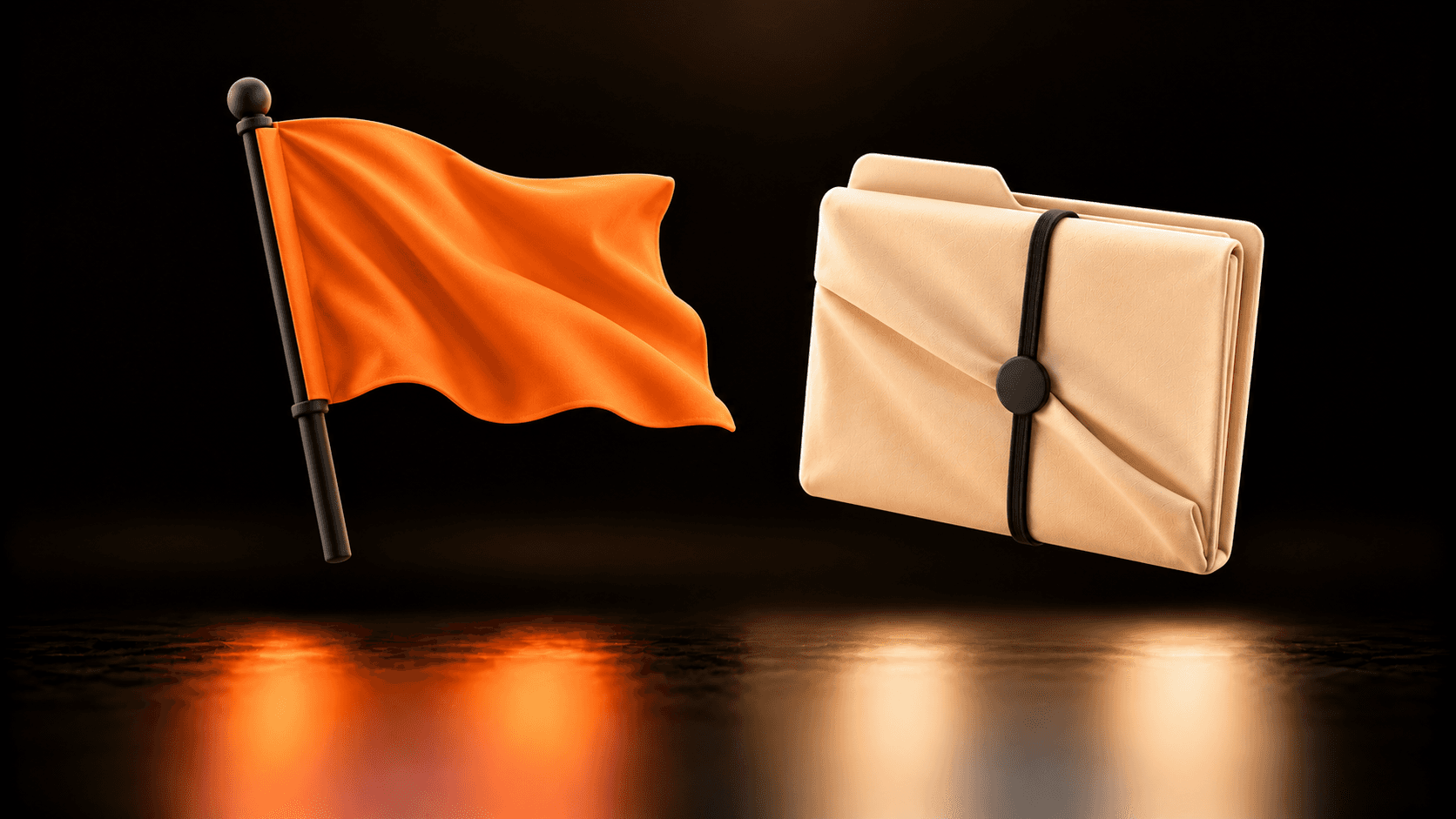 Orange cloth flag beside a separate cream document folder, representing unresolved business marked for a future meeting.