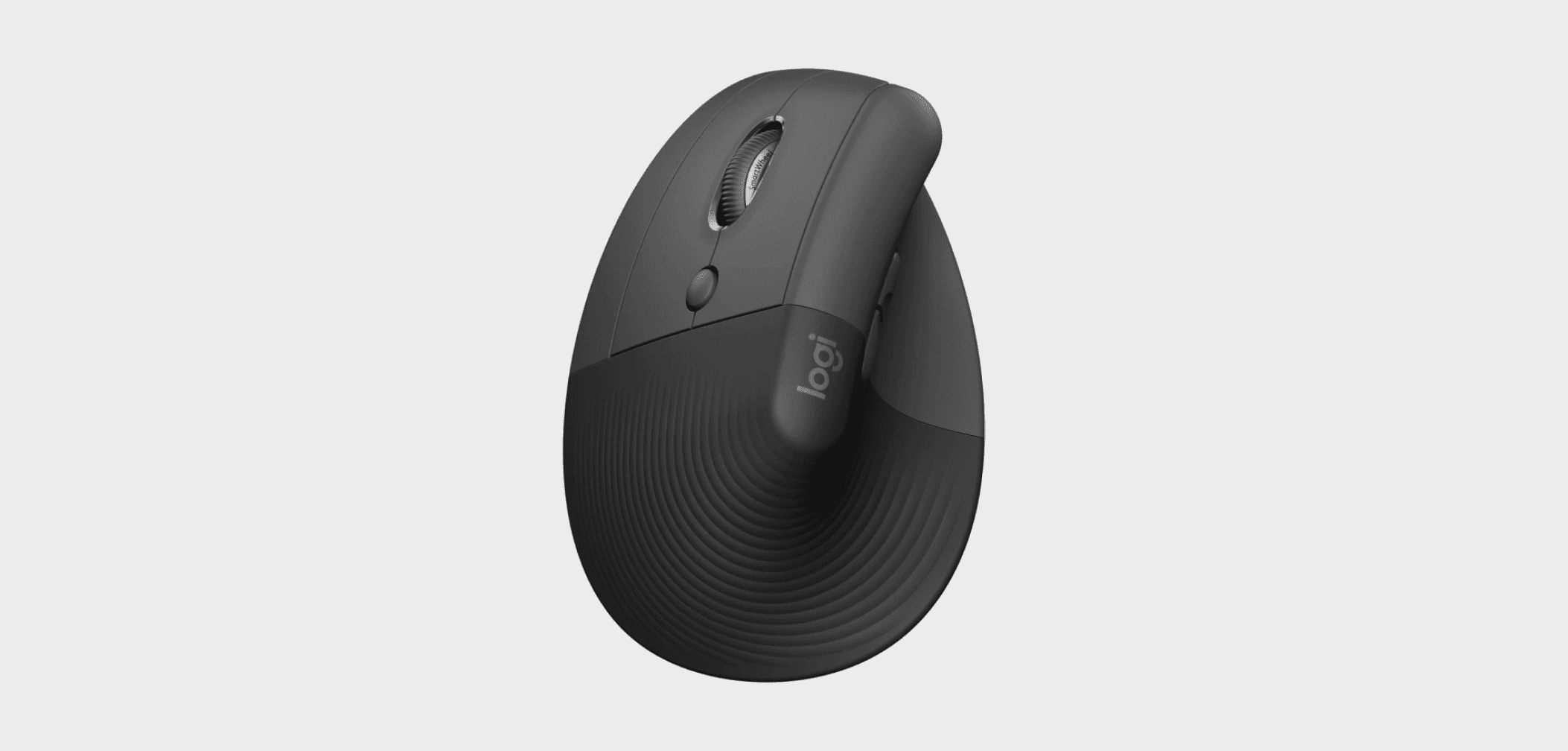 Ergonomic Logitech vertical mouse in black, designed to support a natural hand position and reduce wrist strain