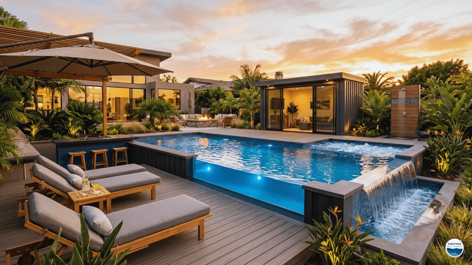 Landscaped backyard oasis featuring modern shipping container swimming pool