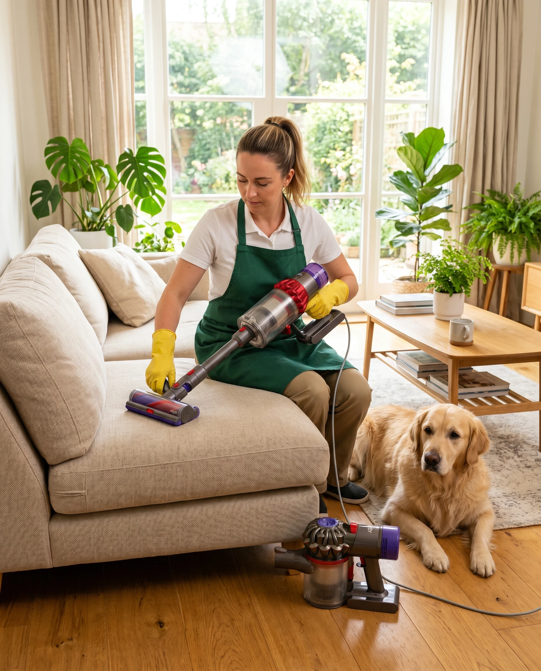 A woman vacuums a sofa while a golden retriever sits nearby.
