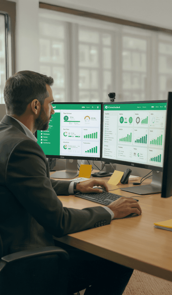 A person wearing a beanie and glasses is working at a computer desk in a sunlit apartment, surrounded by plants, with a cityscape visible through the large windows.