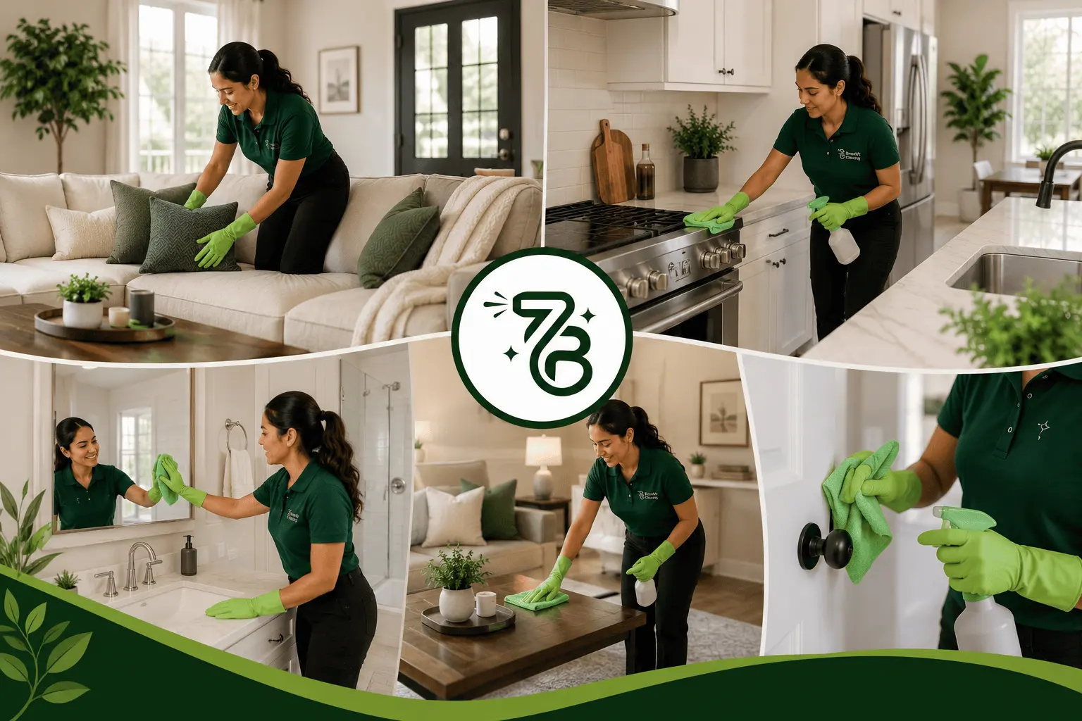 An expert kitchen cleaning service professional with Brenda's Cleaning wiping down a marble tile herringbone backsplash behind a gas stovetop. She is utilizing a blue microfiber cloth while wearing a company-branded navy polo, a matching cap, a black apron, and blue safety gloves. The scene emphasizes deep house cleaning and kitchen detailing in a bright, upscale home featuring white cabinets and stainless steel appliances.