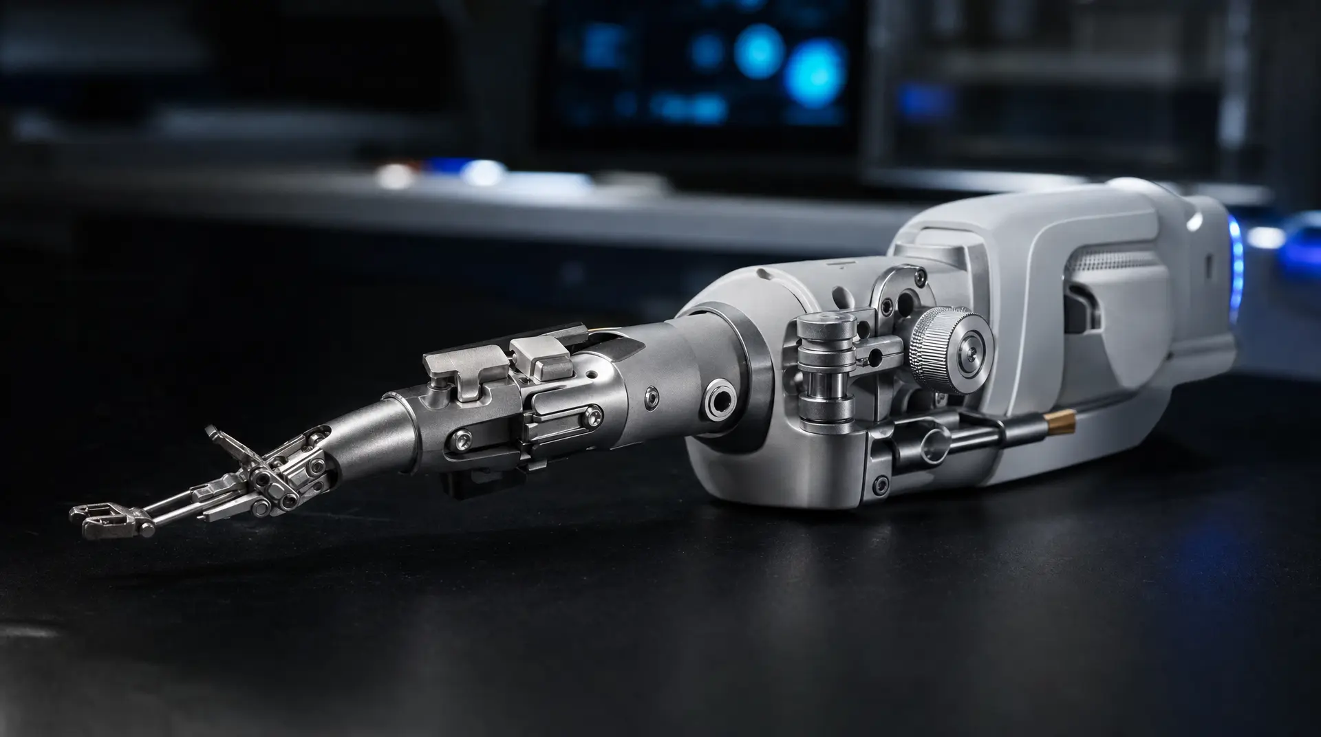 Polished robotic arm prototype on a dark lab bench, representing robotics branding and high-tech product communication.