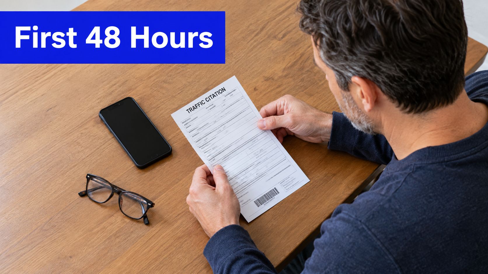 A man holds a traffic citation document at a wooden desk with his smartphone and glasses nearby.