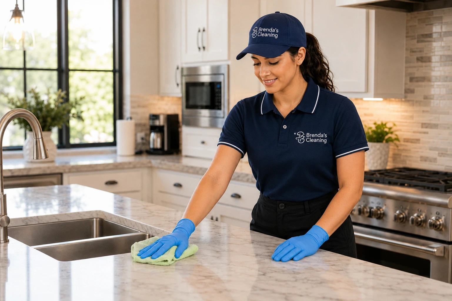 A smiling female professional cleaner wearing a navy blue polo shirt and cap with the "Brenda's Cleaning" logo, a black apron, and bright blue disposable gloves. She is leaning over a kitchen island, using a light green microfiber cloth to wipe down and clean a polished white marble countertop next to an undermount sink. The background shows a modern, bright kitchen with white cabinetry, a tiled backsplash, and stainless steel appliances.