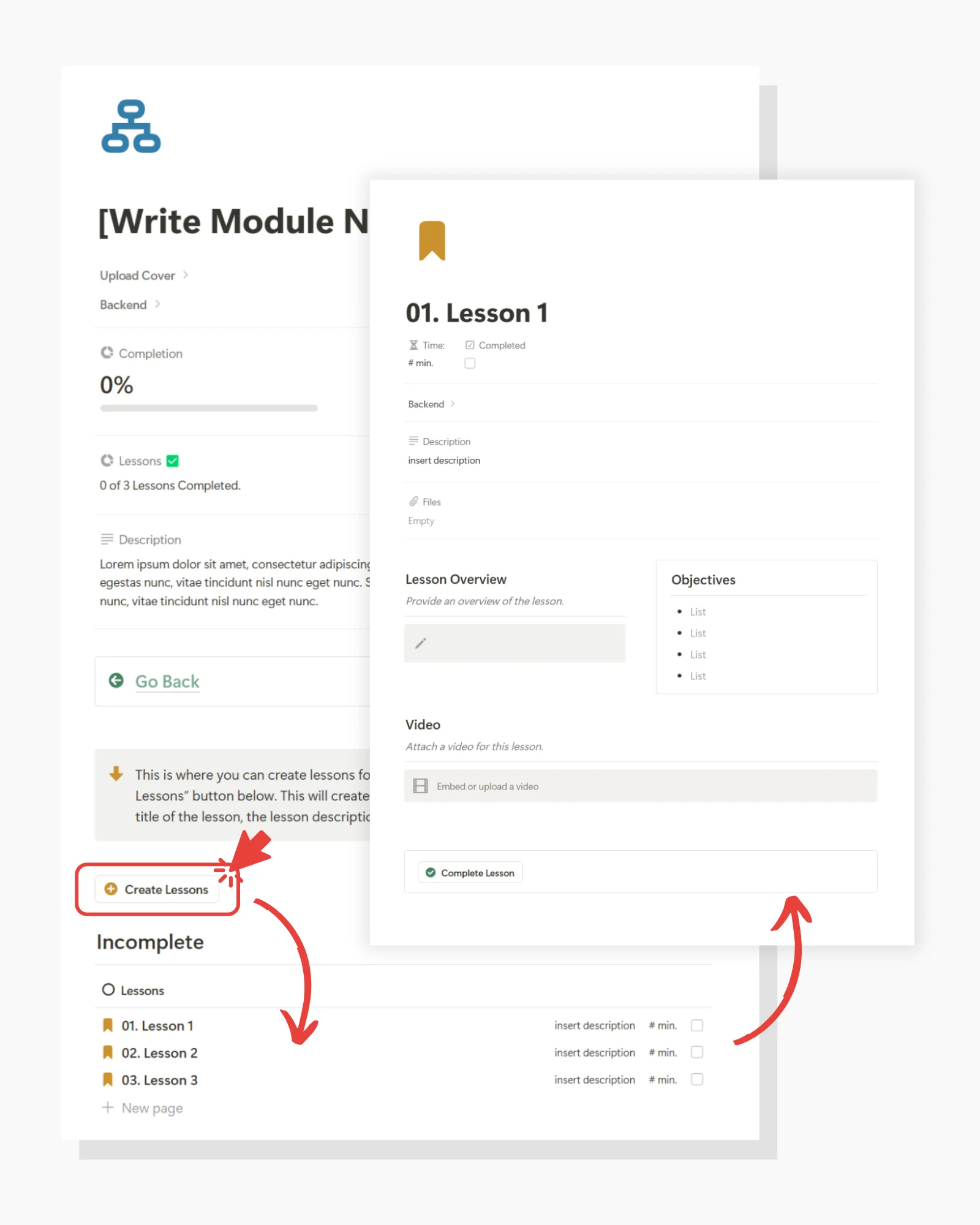 create lesson demo Course Creator Notion Template