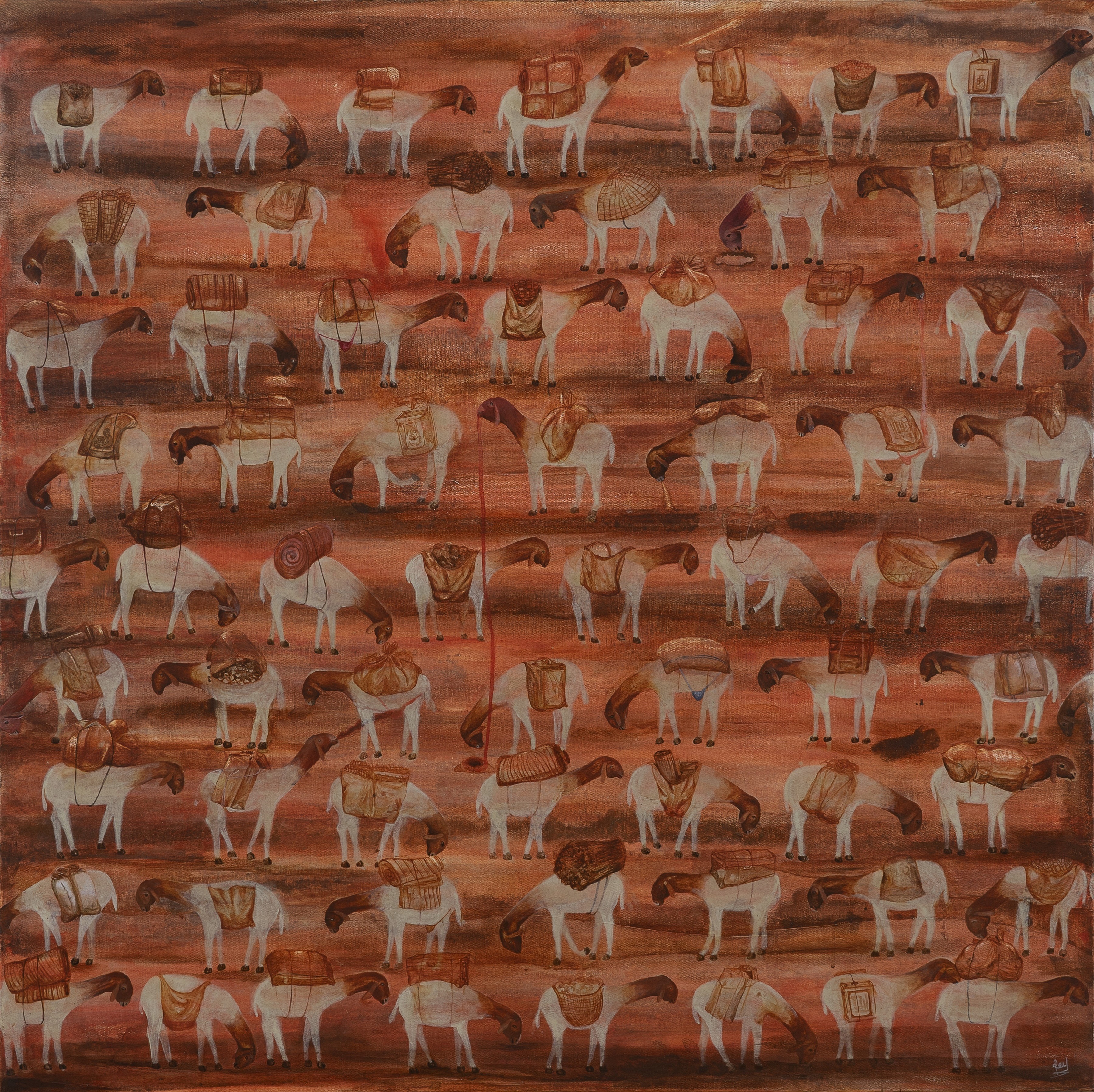 herd of sheep on road painting