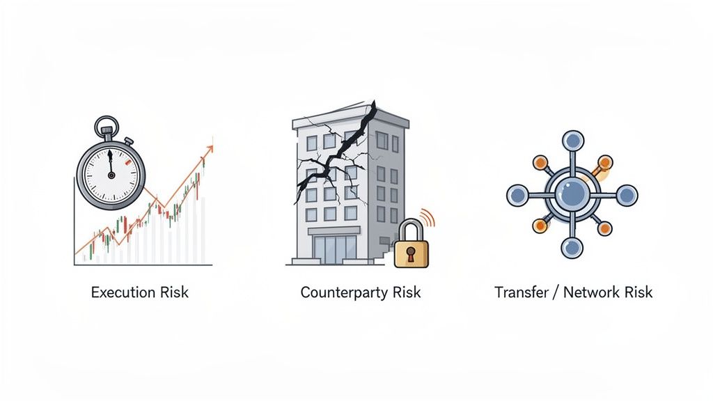 Illustrates three financial risks: execution, counterparty, and transfer/network, with symbolic icons.