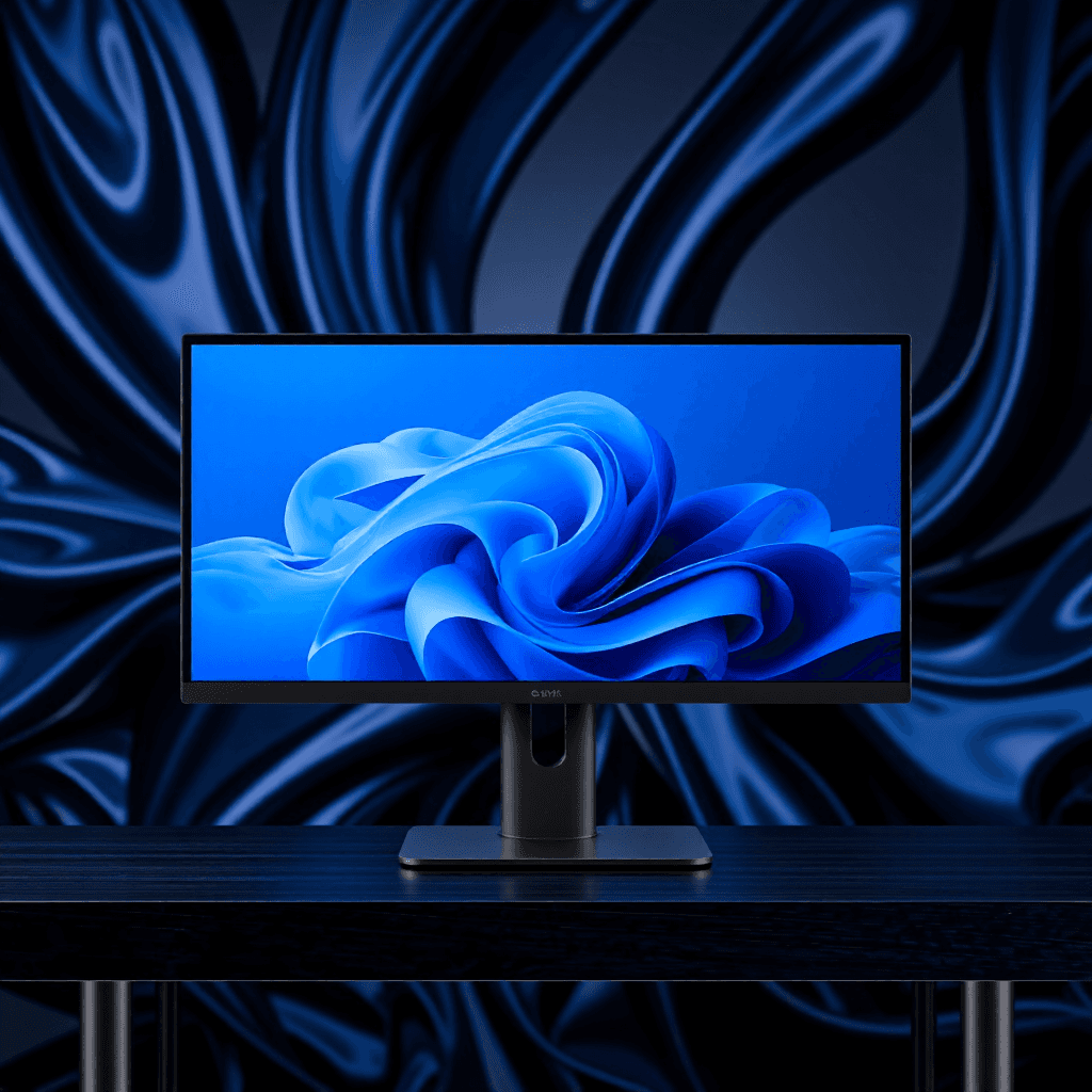 product photography of a desktop computer with an all-in-one design, featuring a large display and integrated speakers