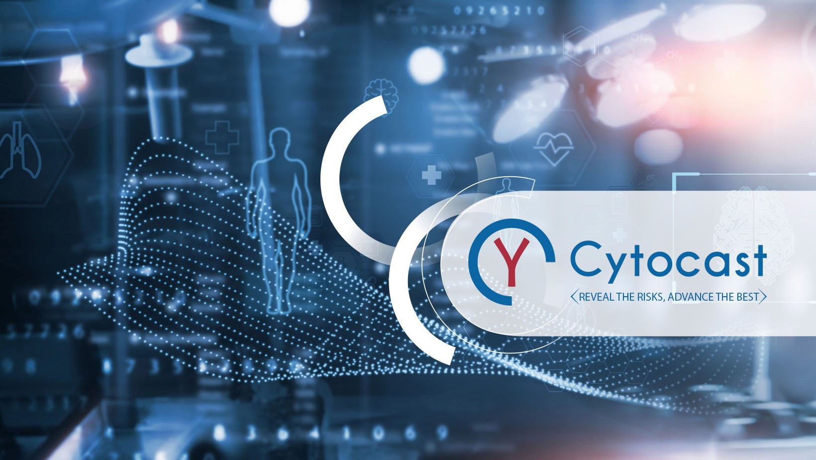 Blue poster with lot of health related illusztration and with the logo ot cytocast