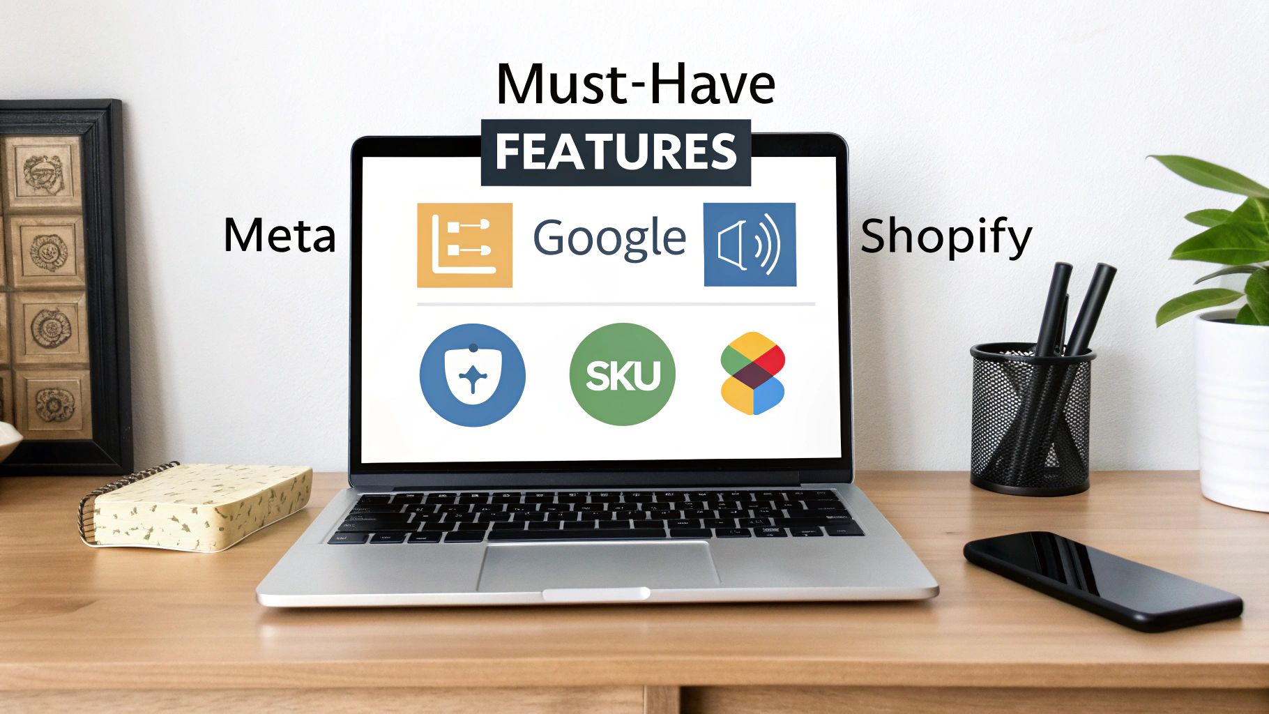 A laptop on a desk displaying 'Must-Have Features' with icons representing Google, SKU, Meta, and Shopify.