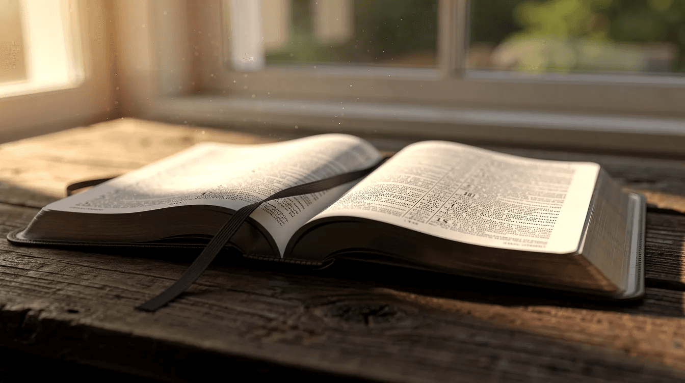 An open Bible lies on a rustic wooden desk, illuminated by warm morning light streaming through a nearby window, creating a serene atmosphere that invites reflection and contemplation. This scene symbolizes the spirit of charitable giving and the importance of anonymous donations, allowing donors to express their generosity while remaining anonymous.