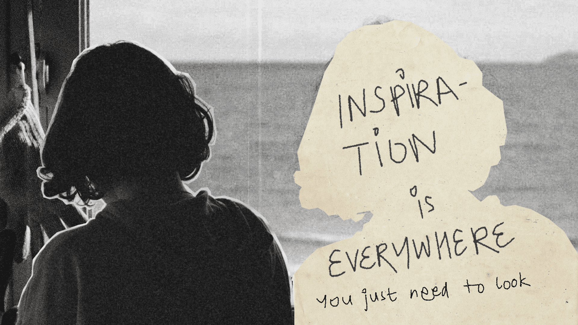 A silhouette of a person facing the ocean, with text overlay about films and experiences.