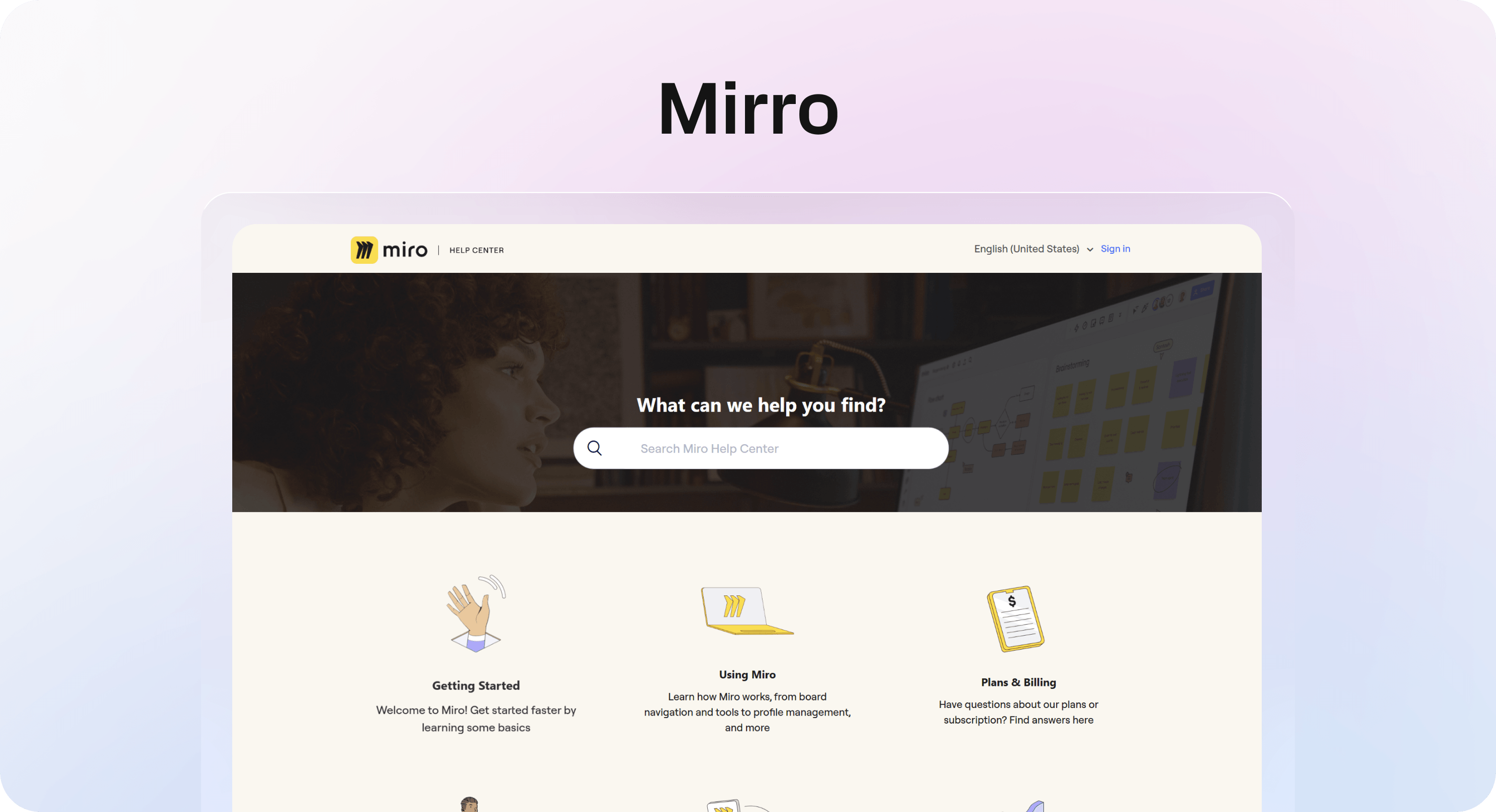 Miro Help Center homepage with search and visual category sections for getting started, using Miro, and billing.