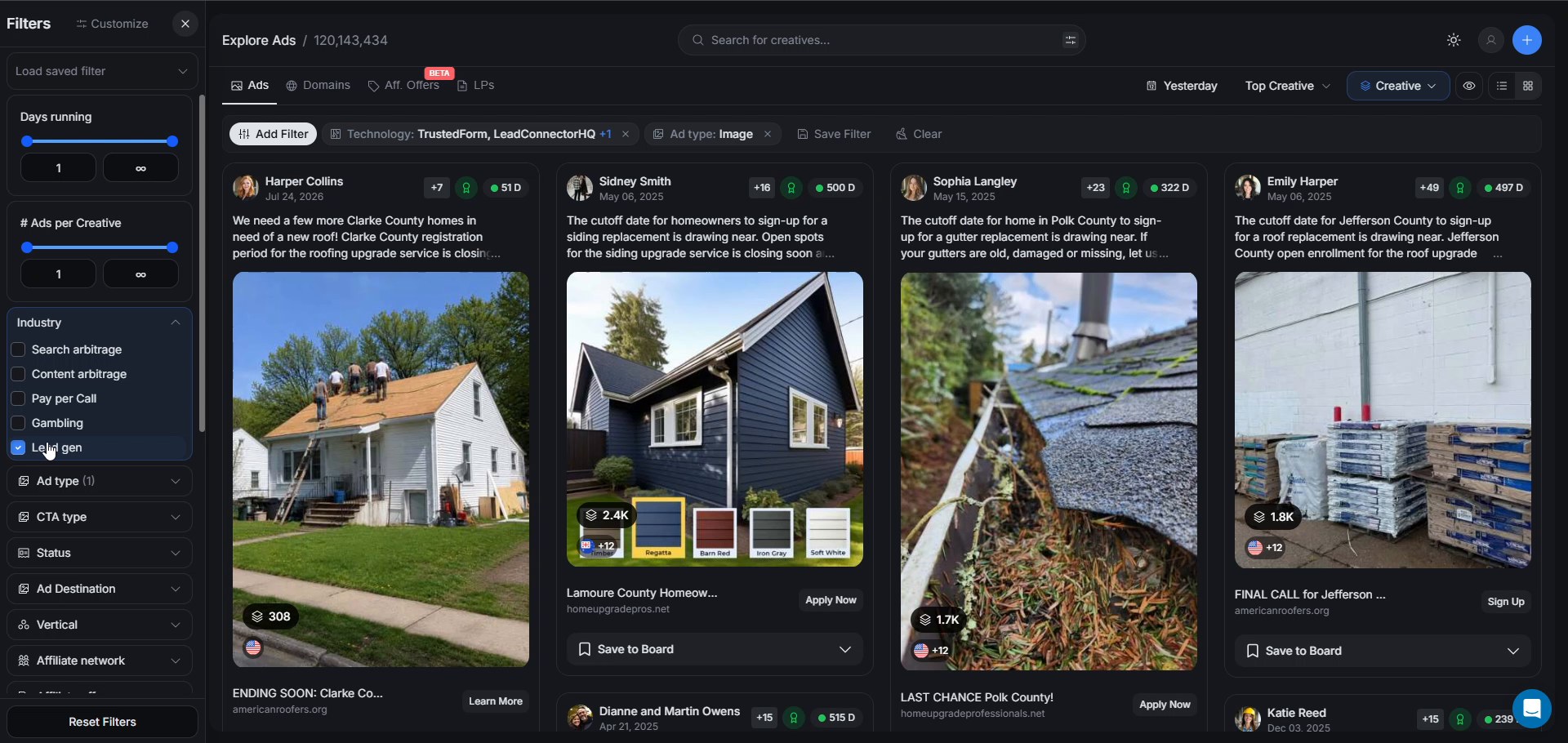 Explore in AdPlexity Social filtered to the lead generation industry and image ads, sorted by Top Creative, with the gutter creative in the third column