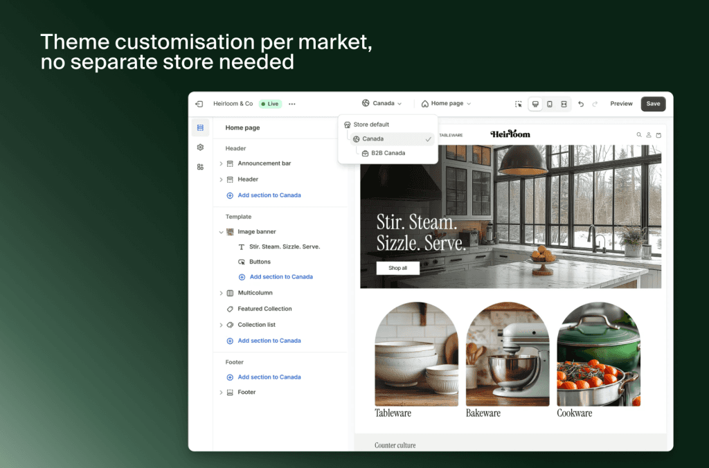 Shopify-Theme-Editor passt die Startseite je Markt an, hier Kanada, ganz ohne separaten Shop