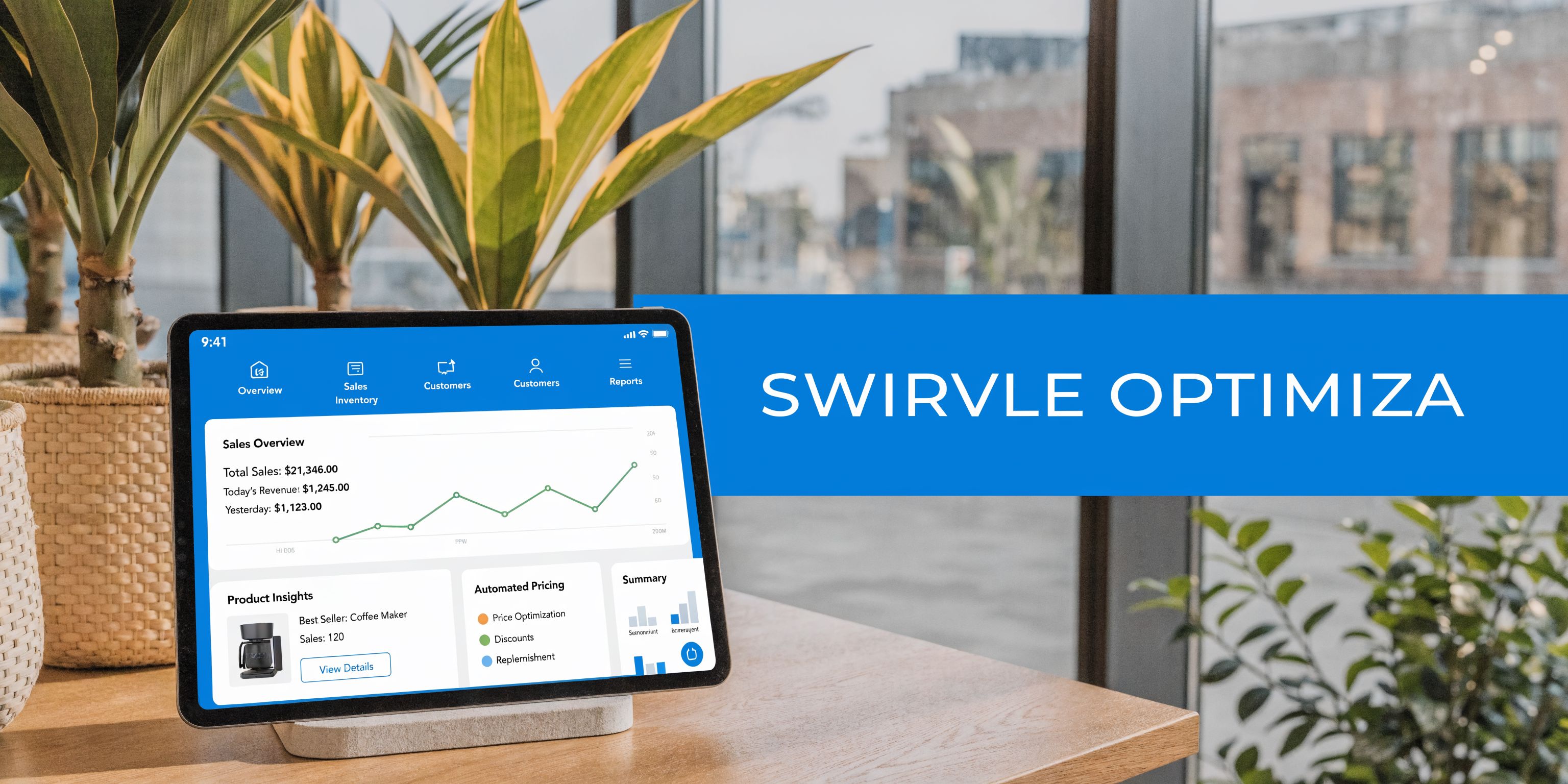 Una tableta electrónica mostrando un panel de control empresarial con estadísticas de ventas, inventario y análisis de clientes.