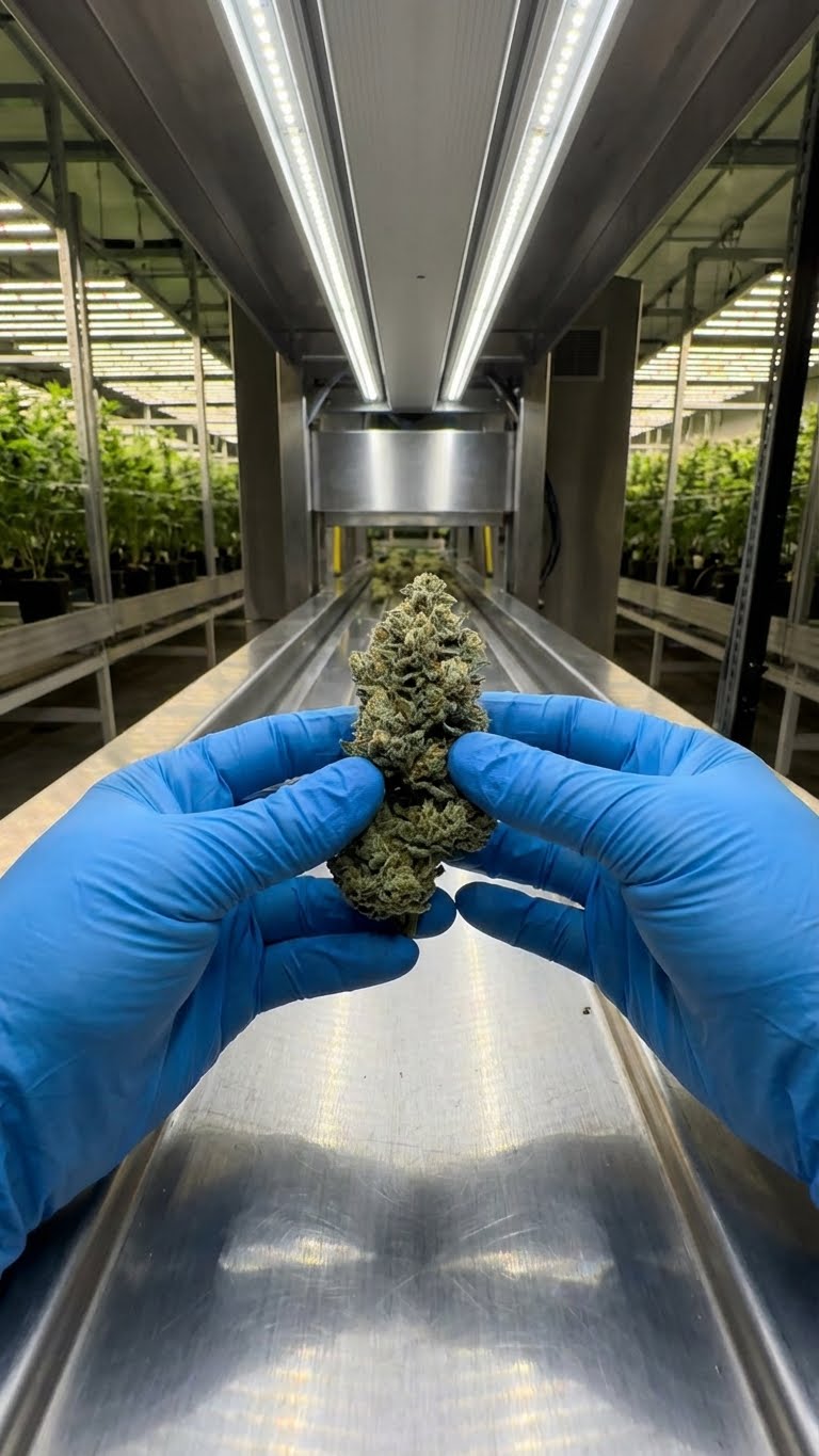 Quality control specialist inspecting a premium cannabis flower bud in a state-of-the-art indoor cultivation facility.