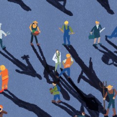 Portada de Cuentas claras II: gasto del gobierno central, estudio de IdeaPaís, mostrando una ilustración de personas que representan a diferentes profesiones. 