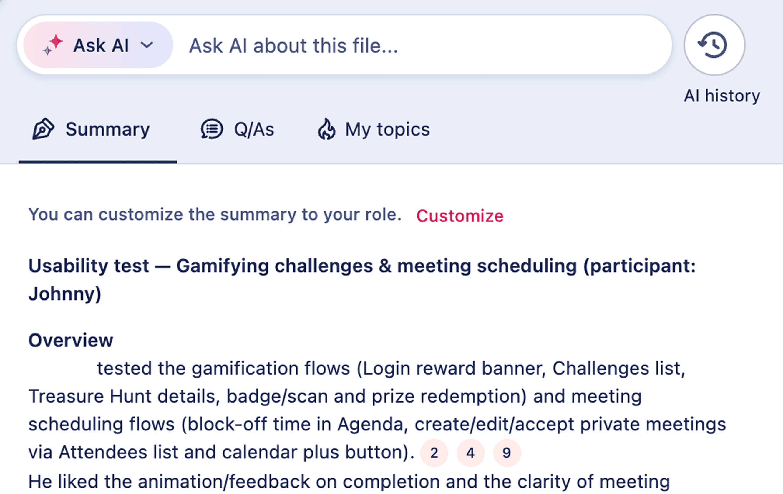 AI-generated summary of research findings, including an overview and key insights generated from tagged interview data.
