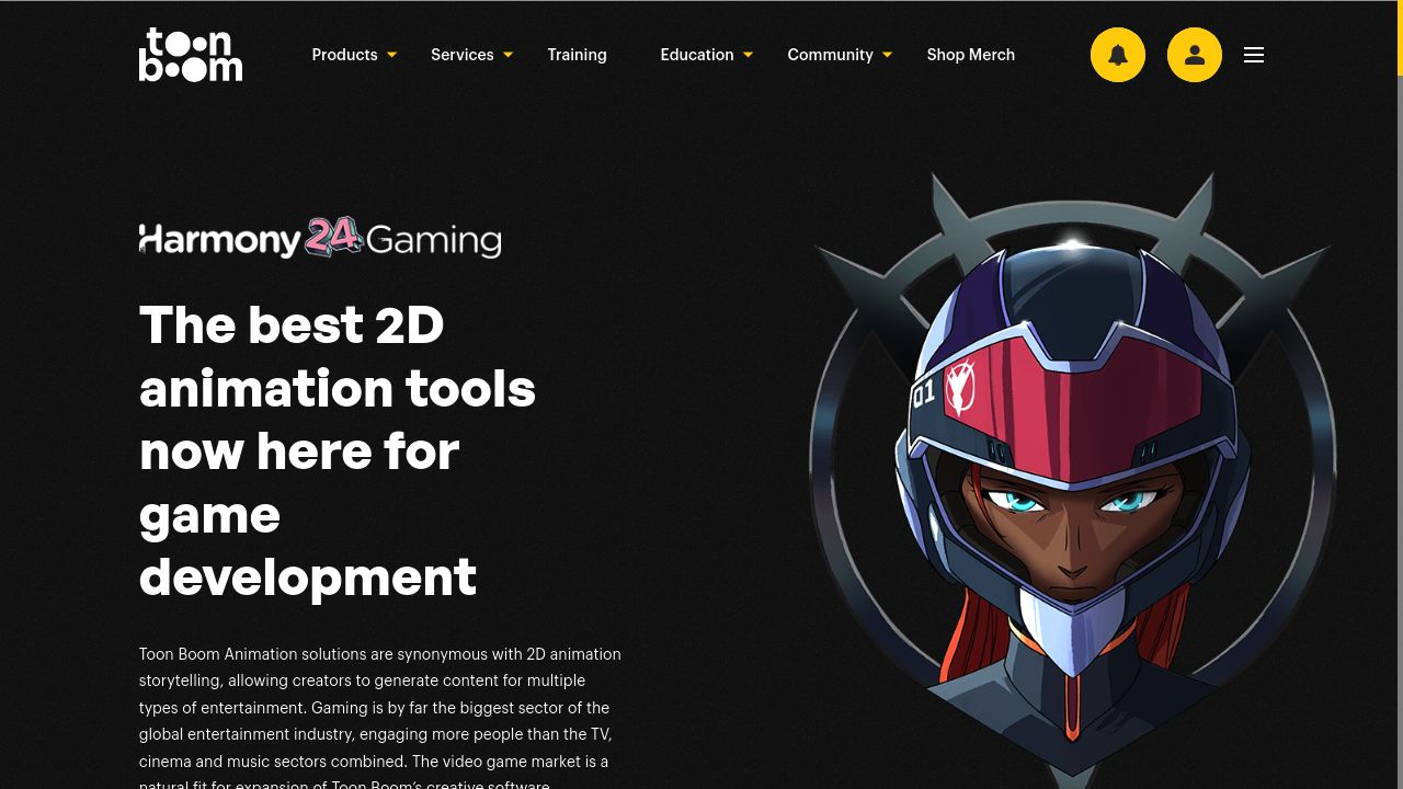 Screenshot of the Harmony Gaming website showcasing 2D animation software for game art