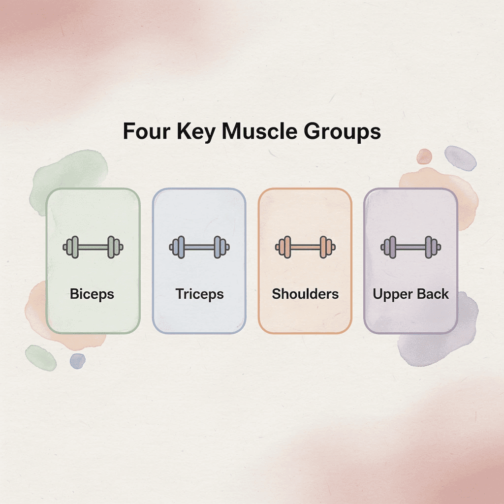 Infographic showing four key muscle groups for postpartum arm workouts