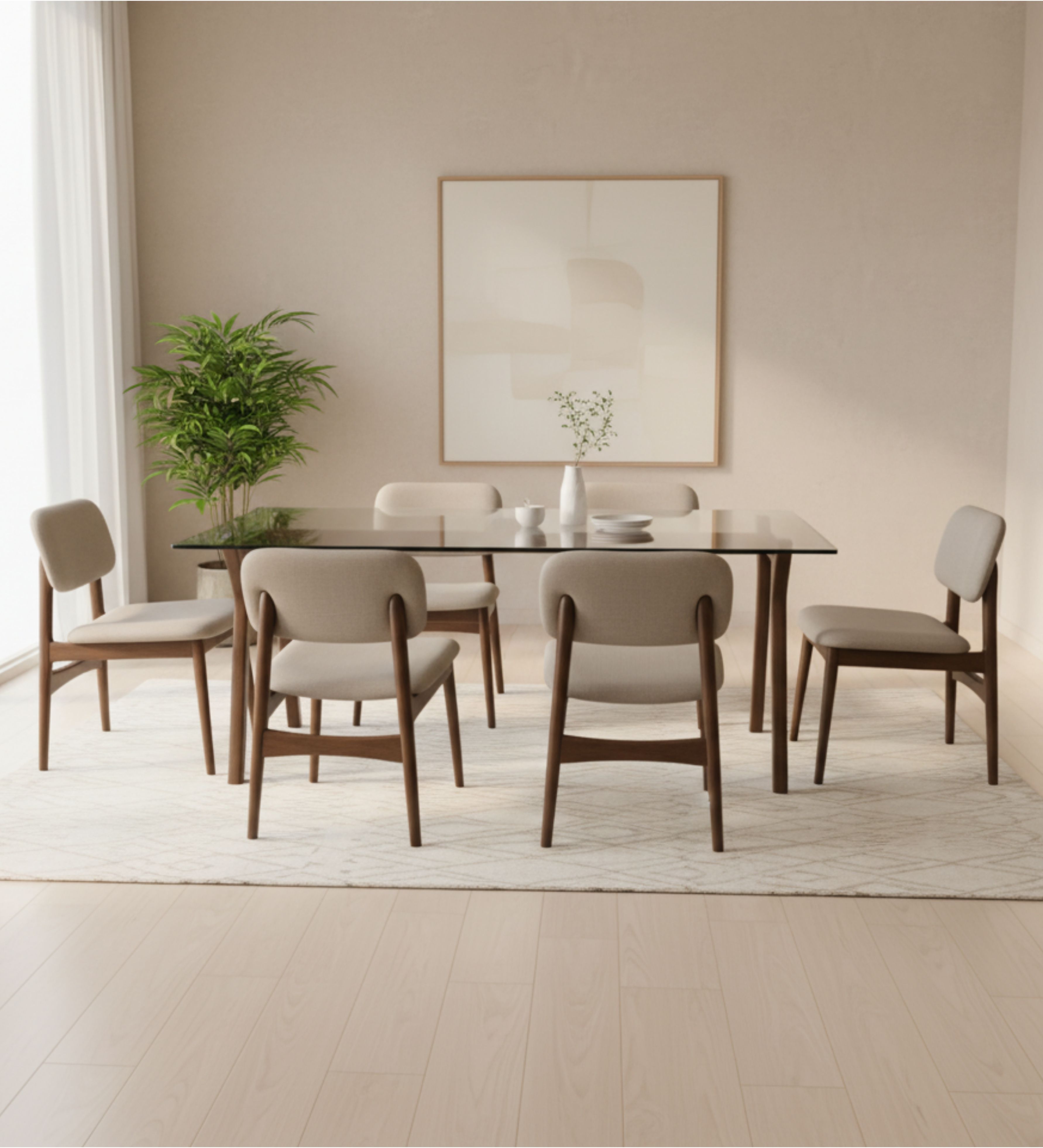 Rectangular dining table with clean straight rails and fully upholstered dining chairs