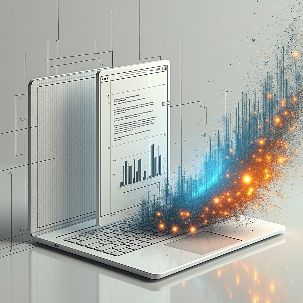 On the left, a sleek but empty website mockup transforming into dynamic visualization of user behavior data, represented by glowing heat map patterns and flowing data streams in blue and orange.