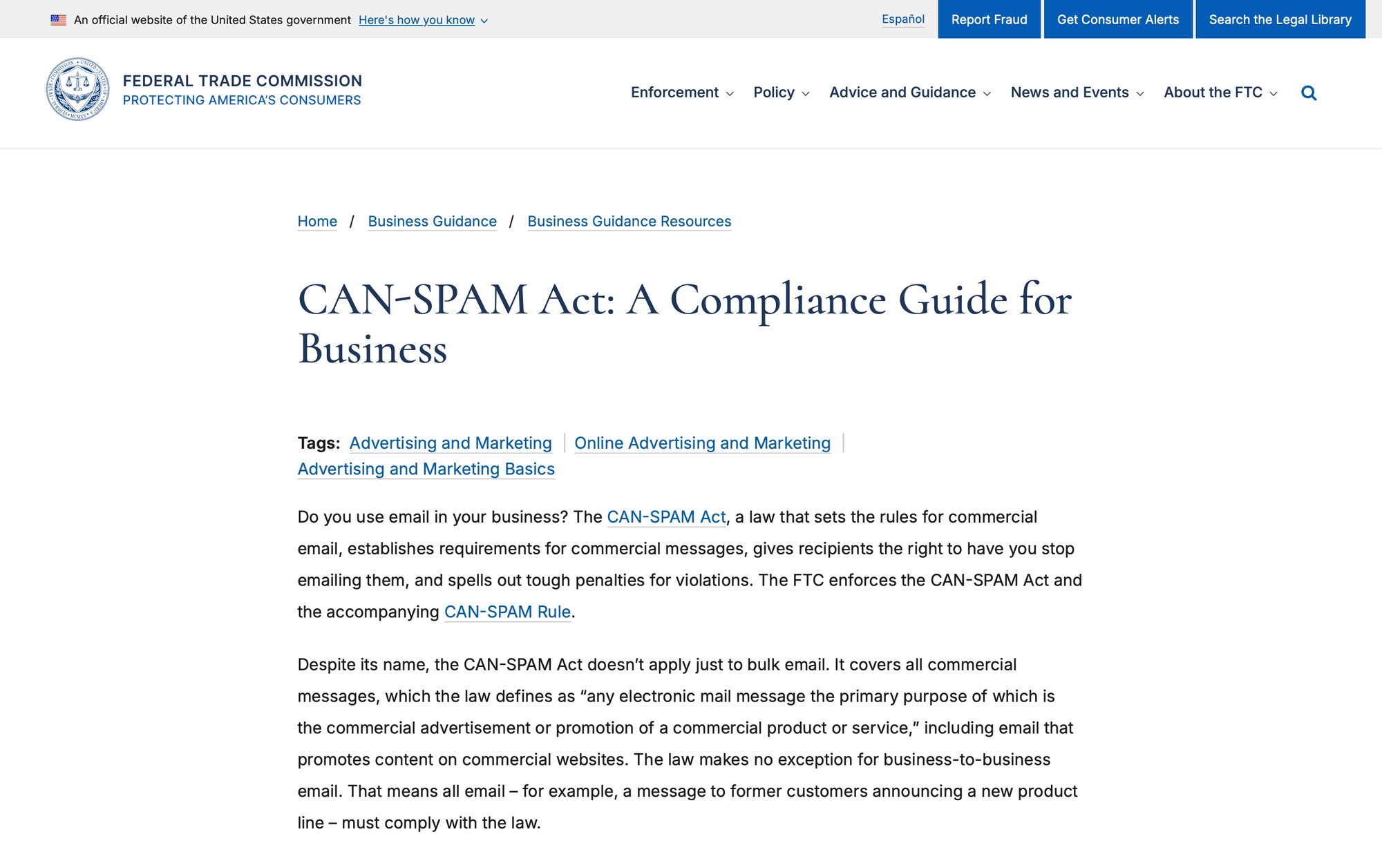 Federal Trade Commission webpage showing a compliance guide for businesses regarding the CAN-SPAM Act and email marketing.