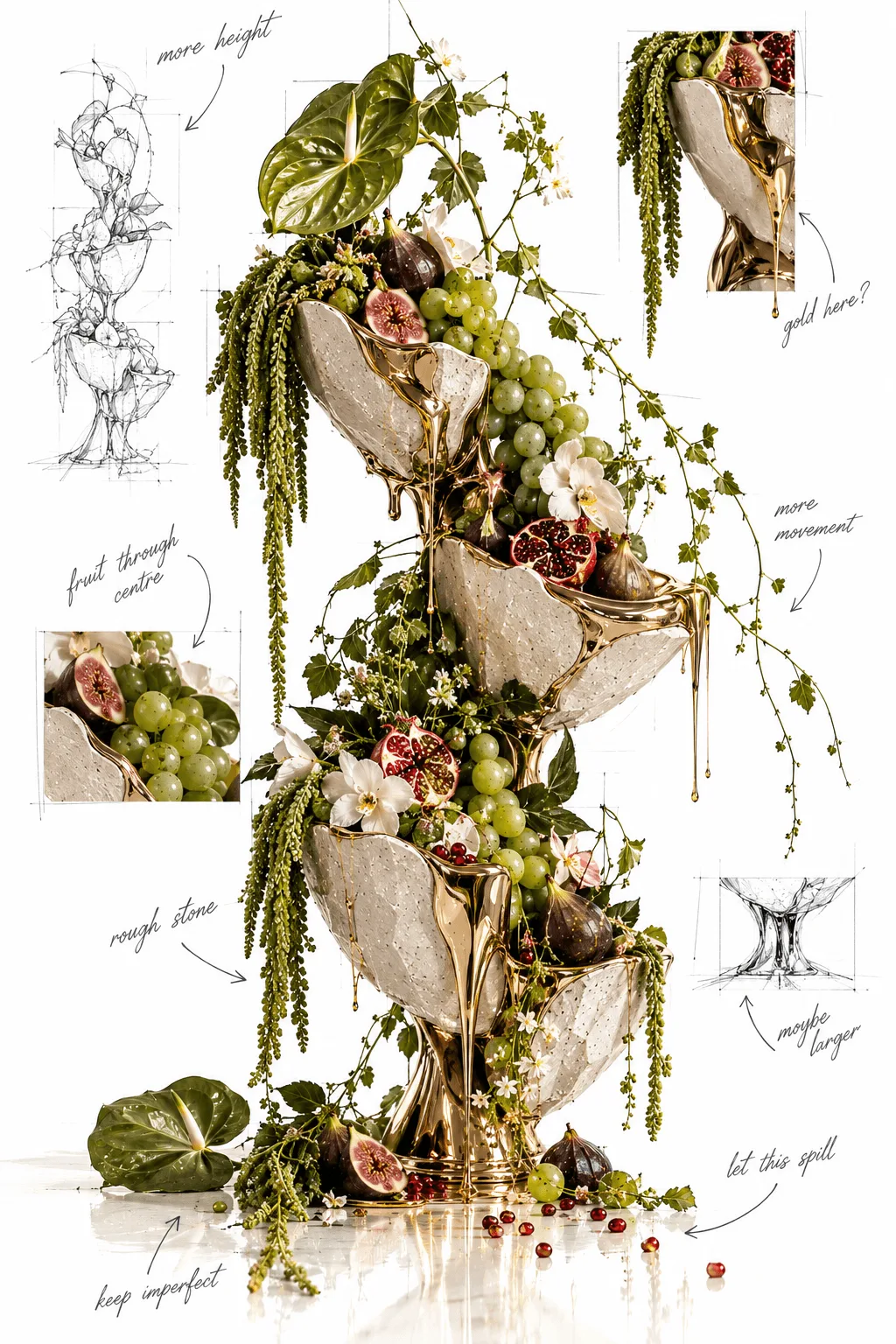 Tiered floral and grape centrepiece with sketched design notes