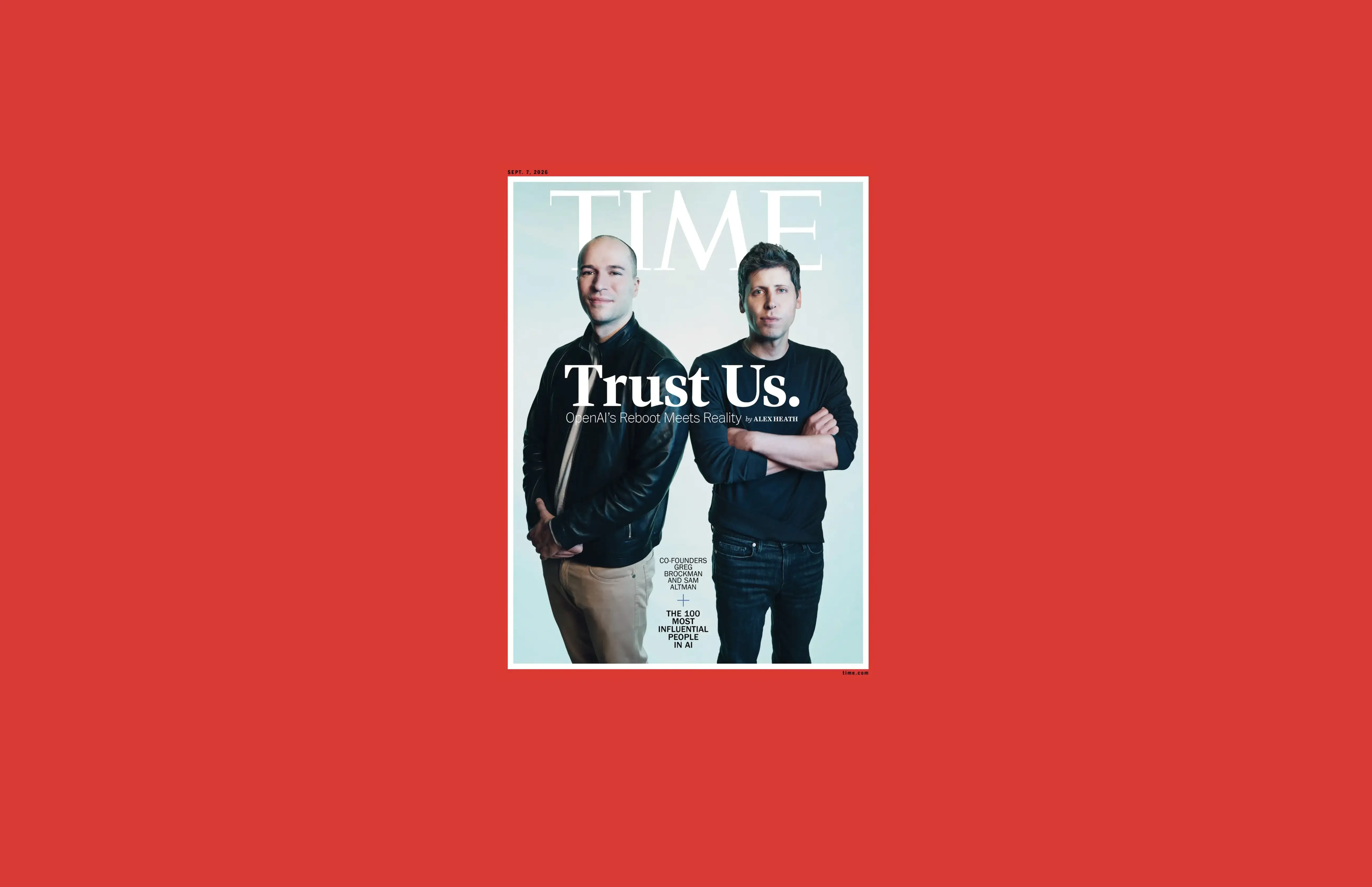 TIME magazine September 7, 2026 cover featuring OpenAI executives Sam Altman and Greg Brockman under the headline Trust Us