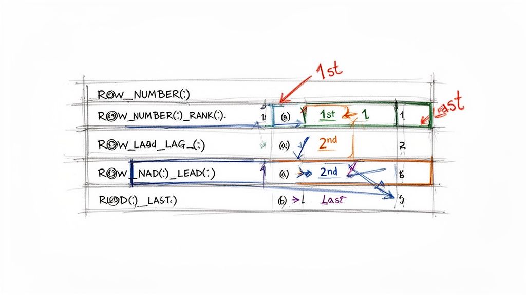 A hand-drawn sketch explaining SQL window functions using diagrams to represent row, rank, lag, lead, and last.